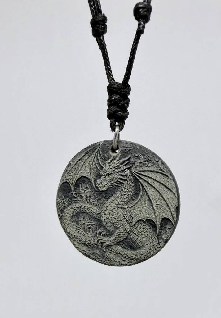 Welsh slate dragon pendant on leather adjustable necklace, 40 - 70 cm with display case