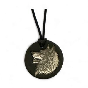 Wolf Pendant Handmade from Welsh Slate : Aluminum Inlay, black cord Necklace in presentation box