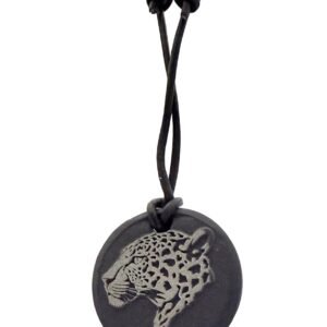 Welsh slate leopard pendant on black cord necklace with display case