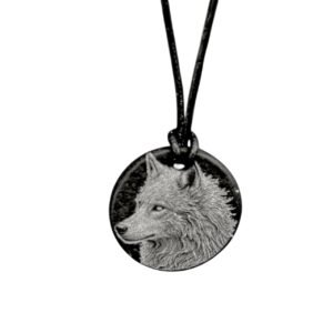 Handmade Welsh slate wolf pendant on black cord necklace.
