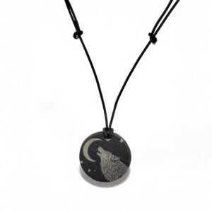Welsh slate wolf pendant on black cord adjustable necklace, 40-70 cm with display case