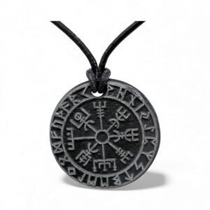 Welsh slate vegvisir pendant on black cord adjustable necklace, 40-70 cm