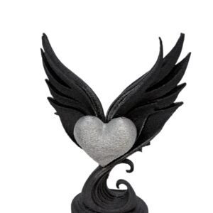 Handmade 3D Printed Winged Heart Sculpture, Black with silver Heart, Gothic Romantic Style, 20cm Valentine's Day Decor
