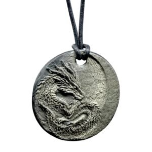 dragon in the moon pendant 28 or 34mm made from slate on a leather adjustable necklace, 40-70 cm with display case