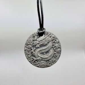 Flower dragon pendant 28 or 34mm made from slate on a black cord adjustable necklace, 40 - 70 cm with display case