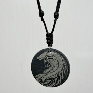 Welsh Slate Dragon & Female Head Pendant Necklace – Handmade Celtic Gothic Jewellery, 28mm Round Medallion, Adjustable Black Cord 40–70cm, Unisex Gift – Made in UK