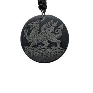 Handmade Slate welsh dragon Pendant Necklace, Black, 28mm or 34mm Round Pendant with Adjustable Cord 40-70cm, Unisex and can be personalised on the back