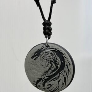 Welsh Slate Dragon Pendant Necklace – Handmade Celtic Fantasy Jewellery, 28mm Round Medallion, Adjustable Black Cord 40–70cm, Gothic Mythology Gift for Men & Women – Made in UK