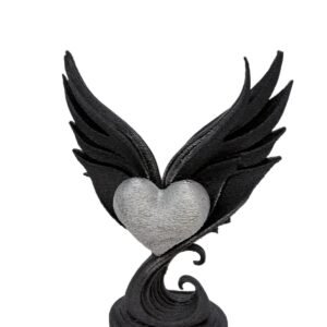 Handmade 3D Printed Winged Heart Sculpture, Black with silver Heart, Gothic
