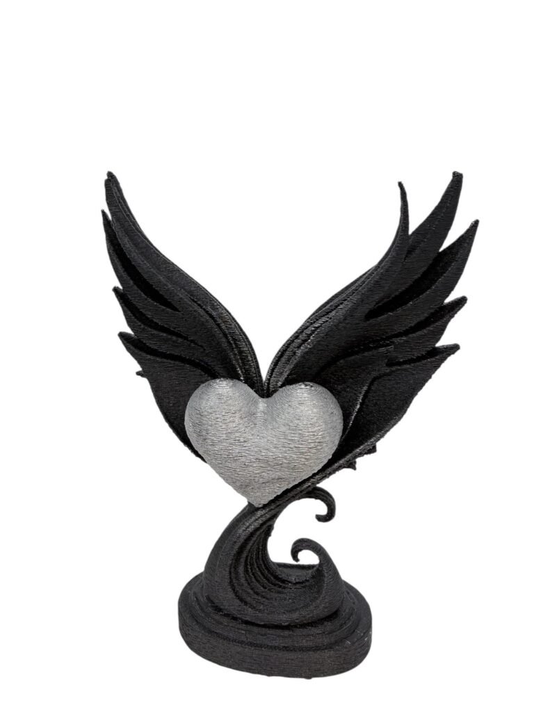 Handmade 3D Printed Winged Heart Sculpture, Black with silver Heart, Gothic