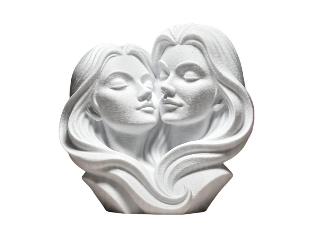 3D Printed Cherished Couple Sculpture, White Matte Finish, Modern Romantic