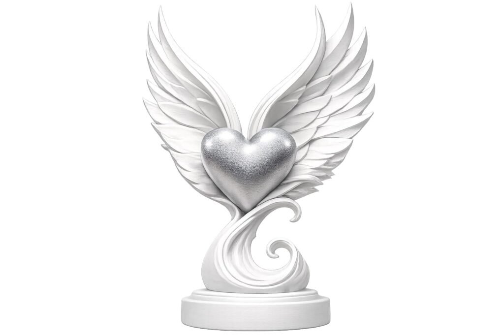 Handmade 3D Printed Winged Heart Sculpture, White with silver Heart, Gothic