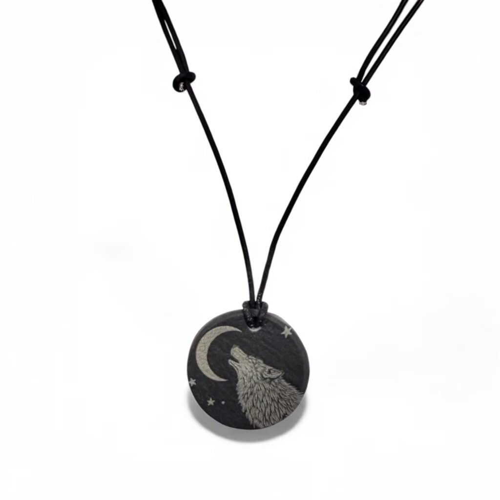 Deep Engraved Natural Slate Wolf Moon Pendant Necklace, 28mm