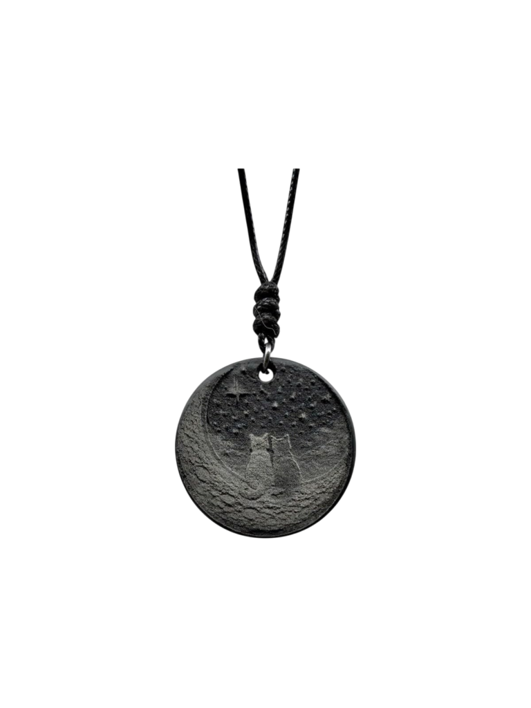 Deep Engraved Natural Slate Cat Moon Pendant Necklace, 28mm