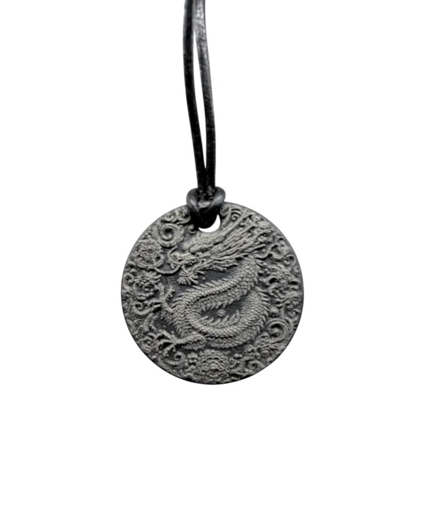 Deep Engraved Natural Slate Flower Dragon Pendant Necklace, 34mm