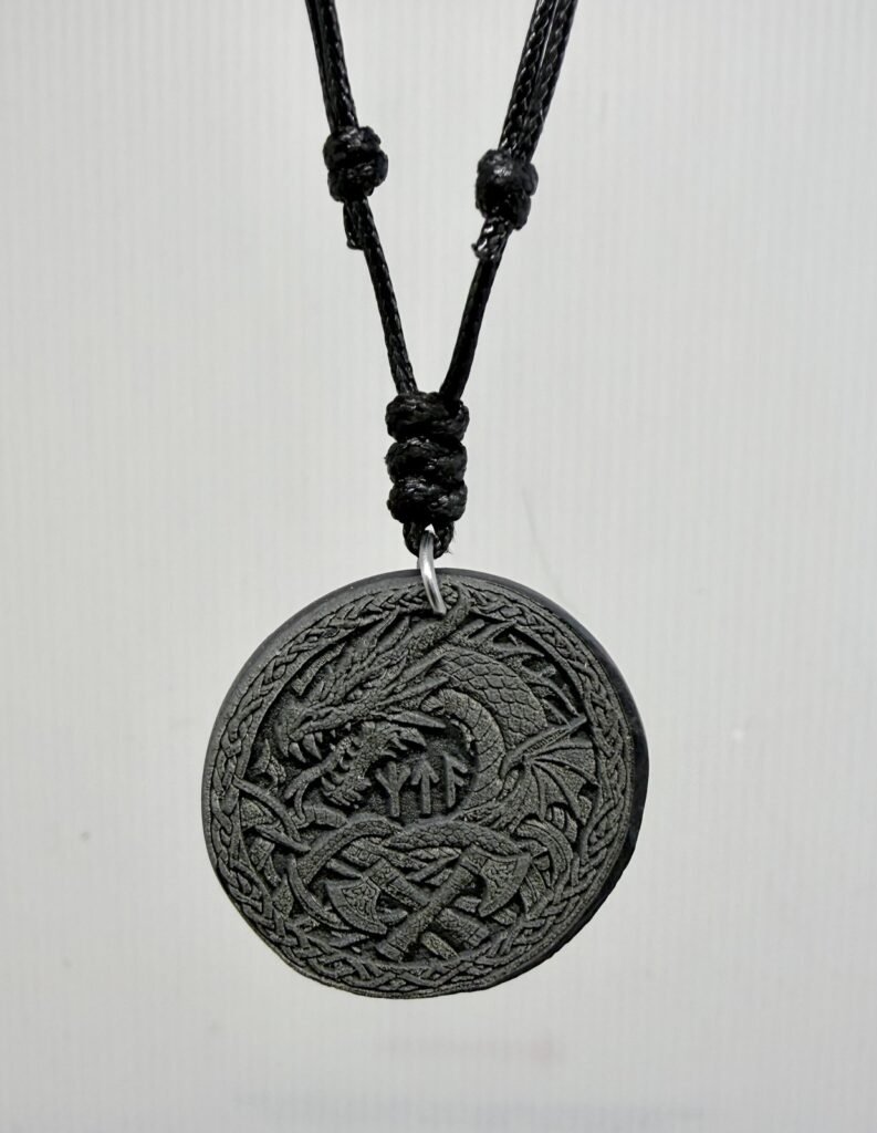 Deep Engraved Natural Slate Dragon Pendant Necklace, 28mm