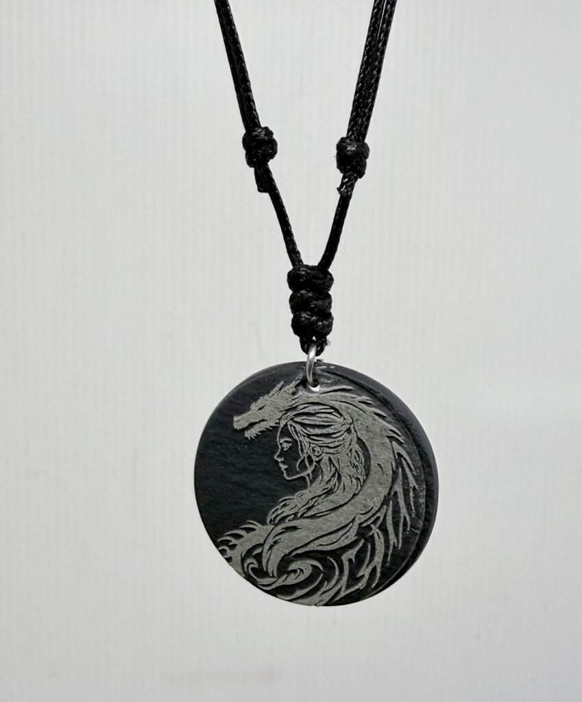 Deep Engraved Natural Slate Dragon and Female Head Pendant Necklace, 28mm