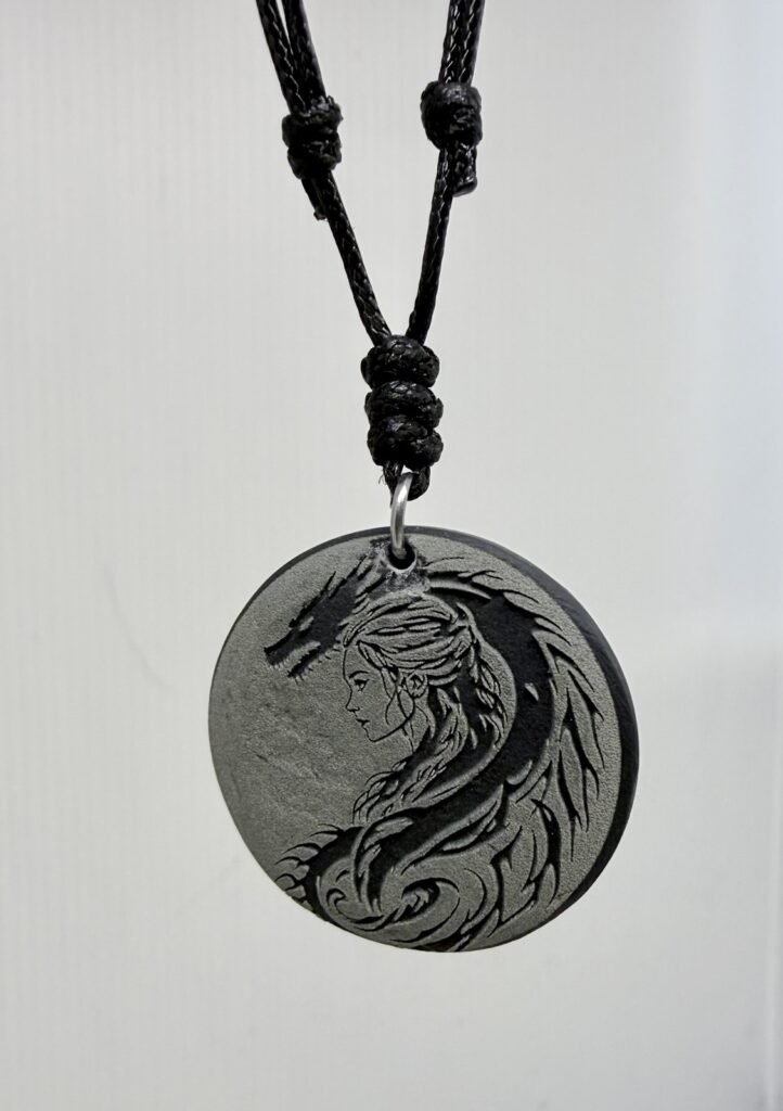 Deep Engraved Natural Slate Dragon and Female Head Pendant Necklace, 28mm