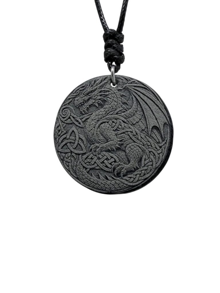 Deep Engraved Natural Slate Celtic Dragon Pendant Necklace, 28mm