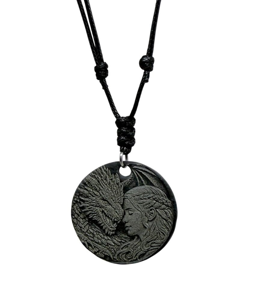Deep Engraved Natural Slate Dragon and Female Head Pendant Necklace, 28mm