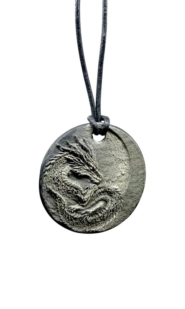 Deep Engraved Natural Slate Dragon in the Moon Pendant Necklace, 34mm