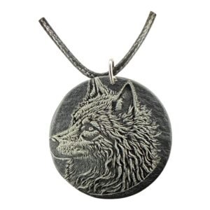 Deep Engraved Natural Slate Wolf Pendant Necklace, 28mm